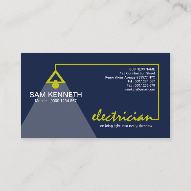 Electrician Simple Elegant Yellow Wires Light Bulb Business Card (Front)