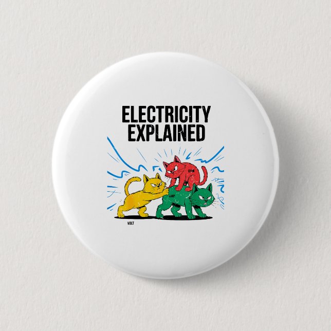 Electricity Explained Funny Cat Physics Humor Scie 6 Cm Round Badge (Front)