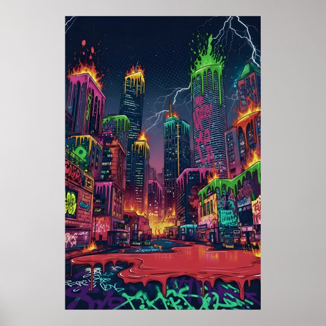Electrified Neon City Art Poster (Front)