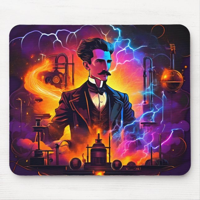 "Electrifying Genius: Nikola Tesla Steampunk Mouse Pad (Front)