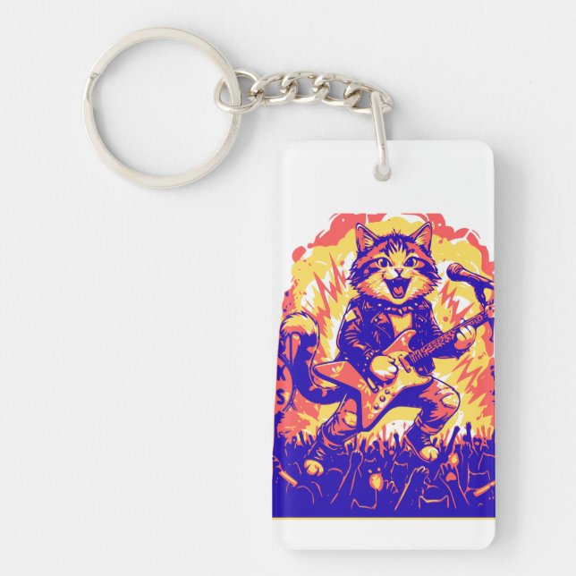 Electrifying Rockstar Cat Playing Guitar  Key Ring (Front)