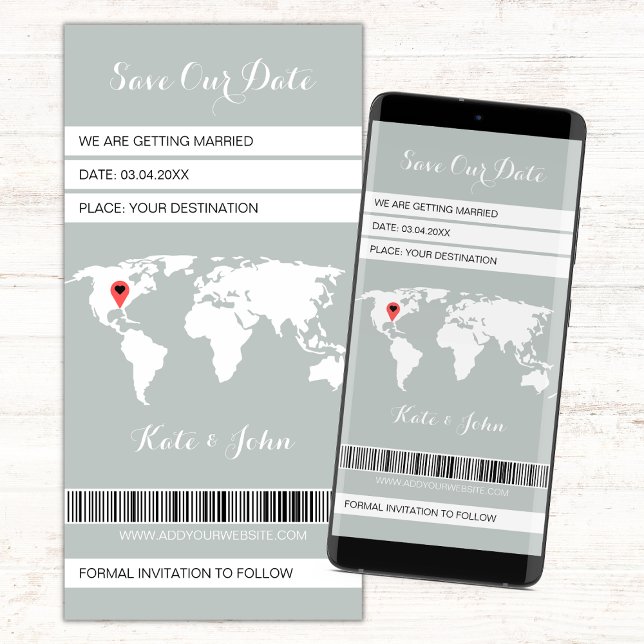 Electronic Boarding Pass Destination Sage Green Save The Date (save the date digital boarding pass invitation, save our date sage green and white evite)