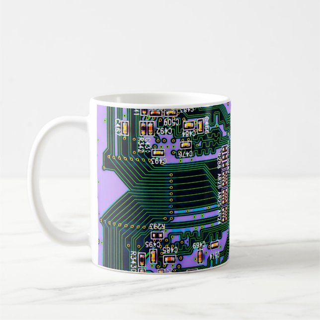 Electronic circuit board close up. background,boar coffee mug (Left)