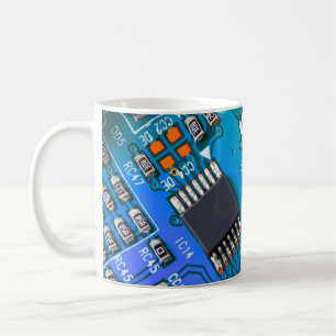Electronic circuit board close up. background,boar coffee mug