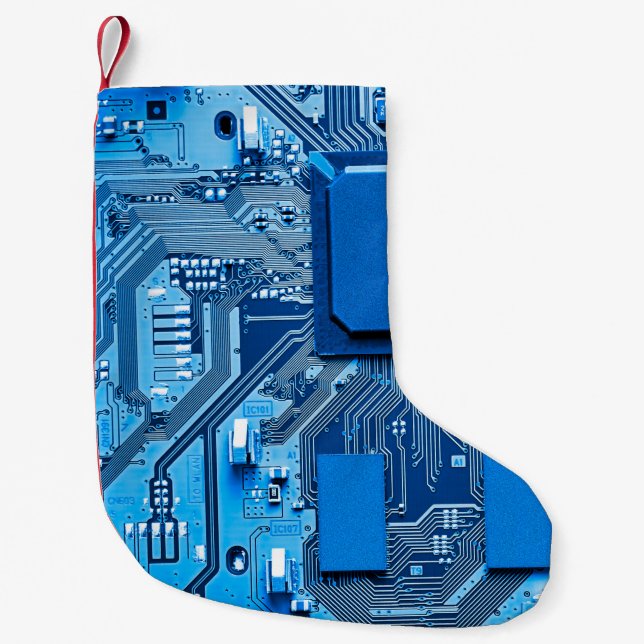 Electronic circuit board close up, circuit board,s small christmas stocking (Front)