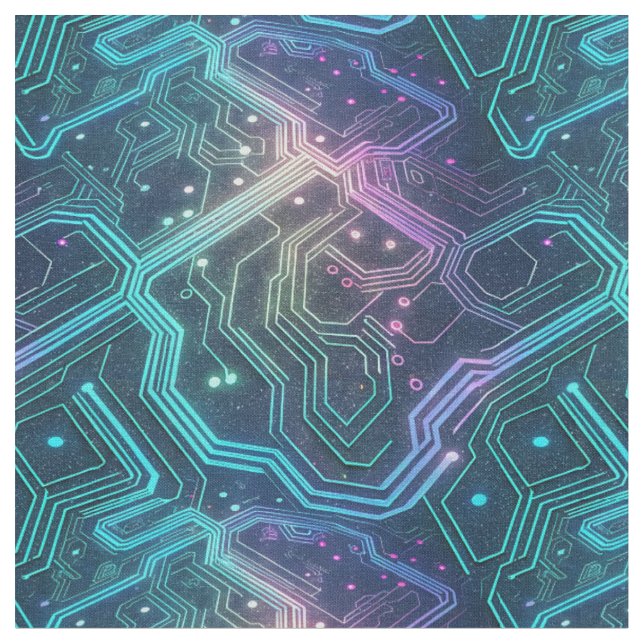 Electronics Circuit Board Neon Technology Pattern Fabric (Close Up)