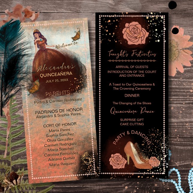 ElegaLuxe Metallic Copper Quinceanera Program Programme (Elegant Vintage Copper Rose Quinceañera Program)