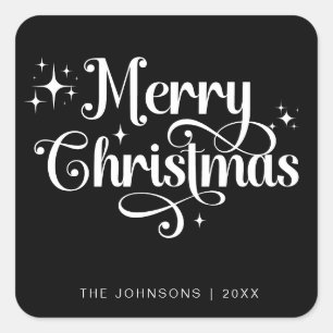 Elegan Black Merry Christmas Retro Script Custom Square Sticker
