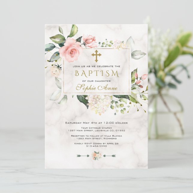 Elegan Blush Pink Floral Marble Gold Cross Baptism Invitation (Standing Front)