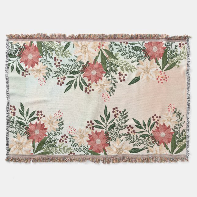 Elegan Festive Christmas Poinsettia Holiday  Throw Blanket (Front)