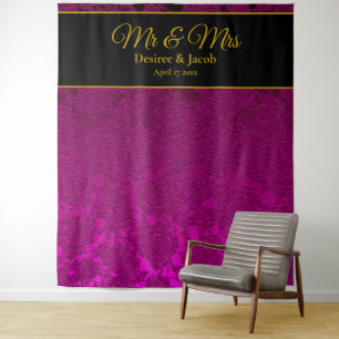 Elegan Fuchsia Pink Gold Black Mr & Mrs Backdrop Tapestry