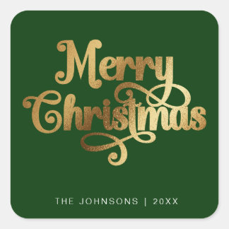 Elegan Green & Gold Merry Christmas Script Custom Square Sticker