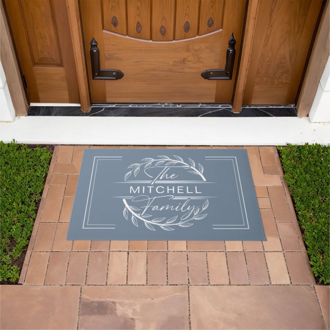 Elegan Monogrammed Dusty Blue Custom Family Name Doormat (Outdoor)