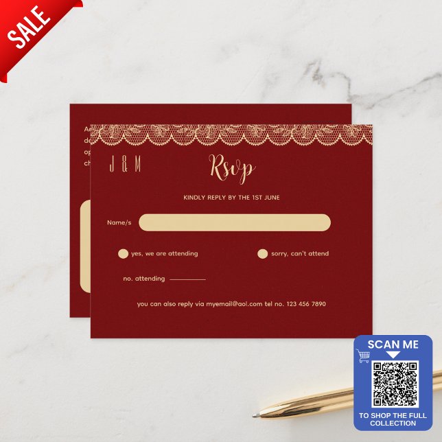 Elegan Red Gold Lace Wedding RSVP For Matching Inv Postcard (Creator Uploaded)