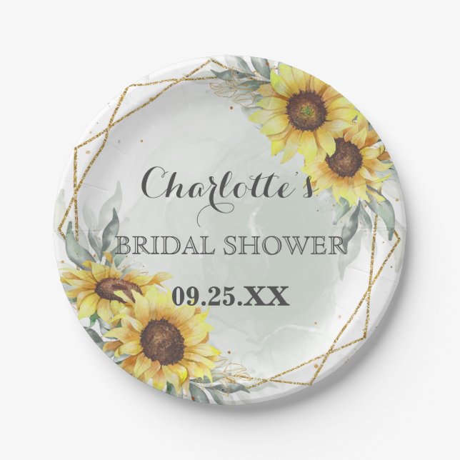 Elegan Watercolor Sunflower Greenery Bridal Shower Paper Plate (Front)