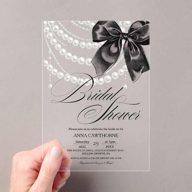  Elegance Black Bow Pearls Bridal Shower Acrylic Invitations (Insitu (Handheld))