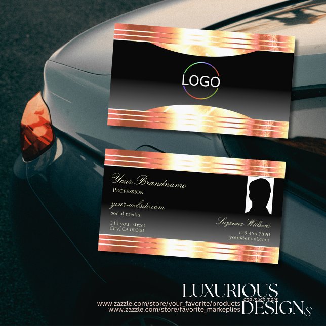 Elegance Black Rose Gold Borders Logo and Photo Business Card (Creator Uploaded)