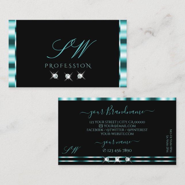 Elegance Black Teal Sparkling Diamonds Initials Business Card (Front/Back)