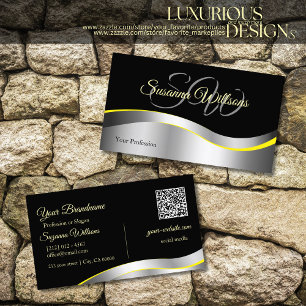 Elegance Black Wavy Silver Decor Initials QR Code Business Card
