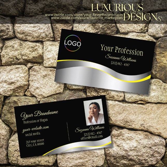Elegance Black Wavy Silver Decor with Logo Photo Business Card (Creator Uploaded)