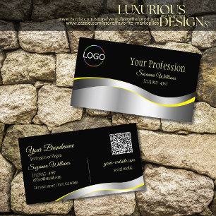 Elegance Black Wavy Silver Decor with Logo QR Code Business Card