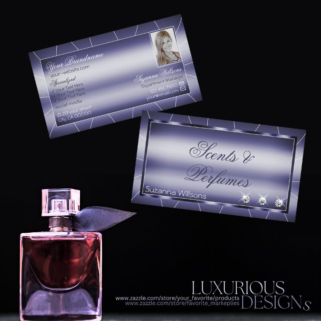 Elegance Blue Stylish with Faux Diamonds and Photo Business Card (Creator Uploaded)