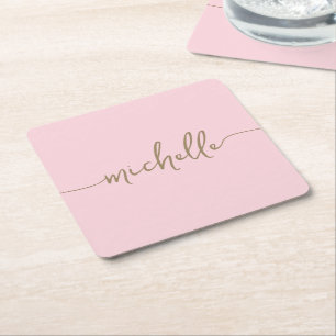 Elegance Blush Pink Gold Monogram Script Signature Square Paper Coaster
