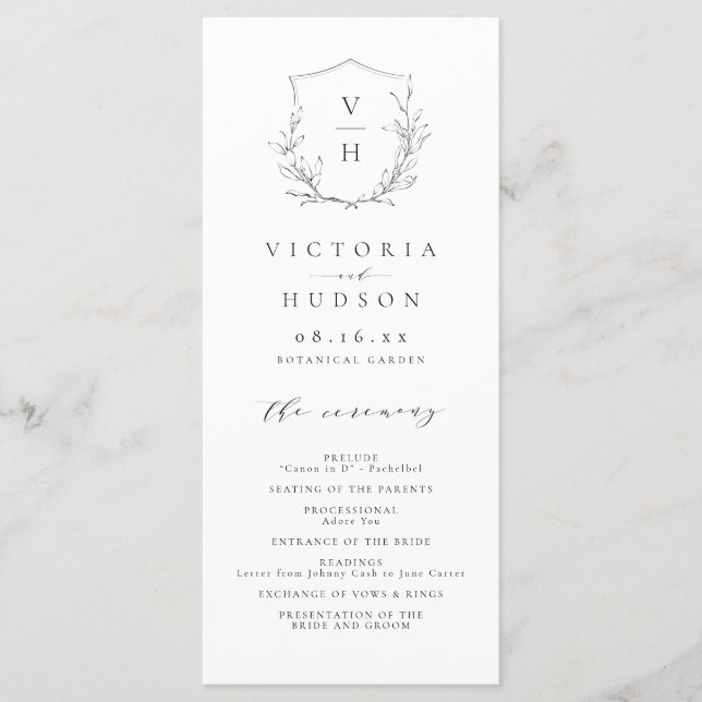 Elegance botanical crest monogram wedding program menu (Front)