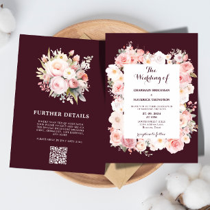 Elegance Burgundy Floral Pink Qr Code Wedding Invitation