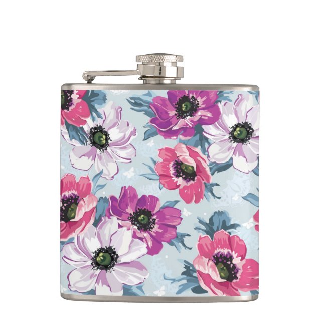 Elegance colour flowers pattern on blue hip flask (Front)