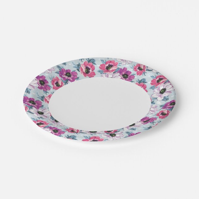 Elegance colour flowers pattern on blue paper plate (Angled)