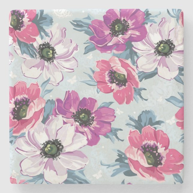 Elegance colour flowers pattern on blue stone coaster (Front)
