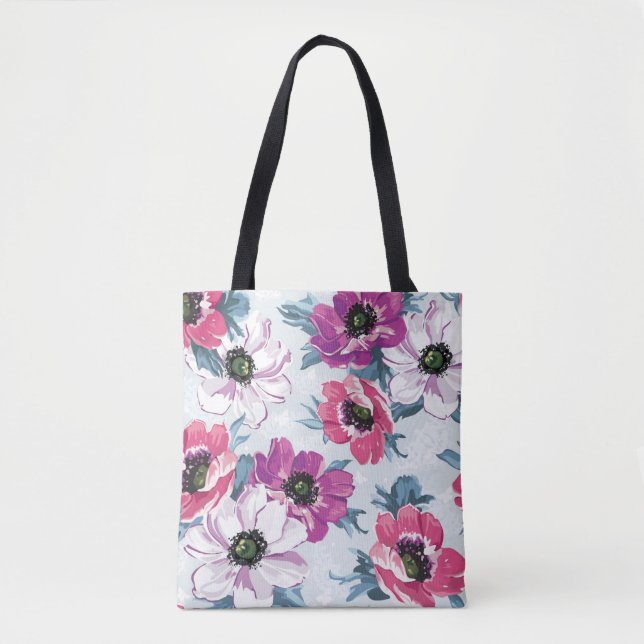 Elegance colour flowers pattern on blue tote bag (Front)