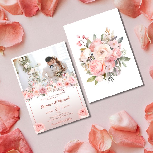 Elegance Dusty Pink Floral With Photo Wedding Invitation (Creator Uploaded)