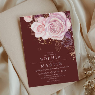 Elegance Dusty Roses & Burgundy Botanical Wedding Invitation