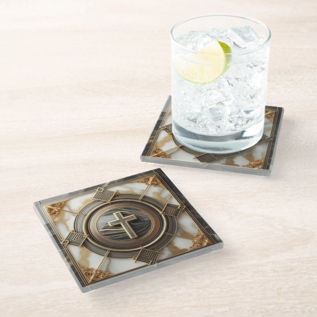 Elegance in Absolution Cross on Marble With Gilded Glass Coaster (Angled)