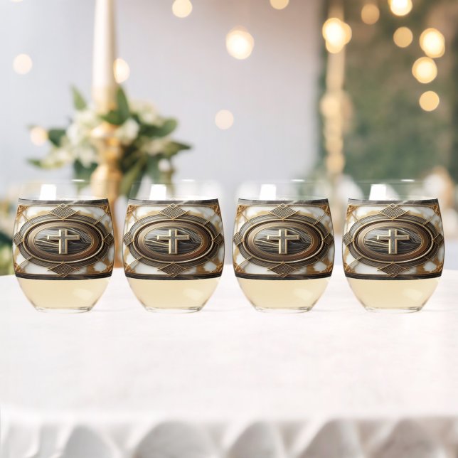 Elegance in Absolution Cross on Marble With Gilded Stemless Wine Glass (Insitu (Wedding))