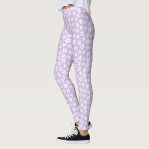 Elegance in Bloom: Cute White Flowers Print Purple Leggings