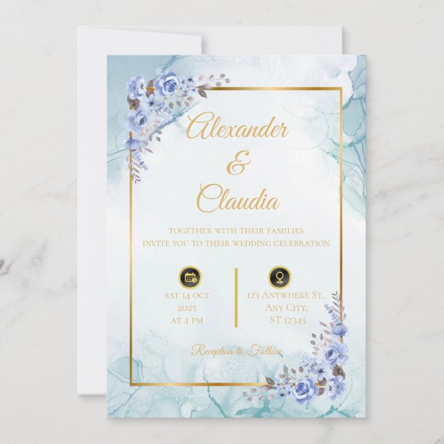 Elegance in Blue: Wedding Invitation with Marble a (Front)