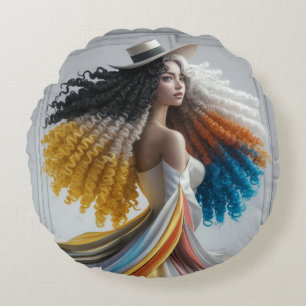Elegance in Contrast: Curly-Haired Woman Round Cushion