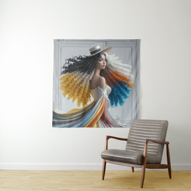 Elegance in Contrast Curly-Haired Woman Tapestry (In Situ)