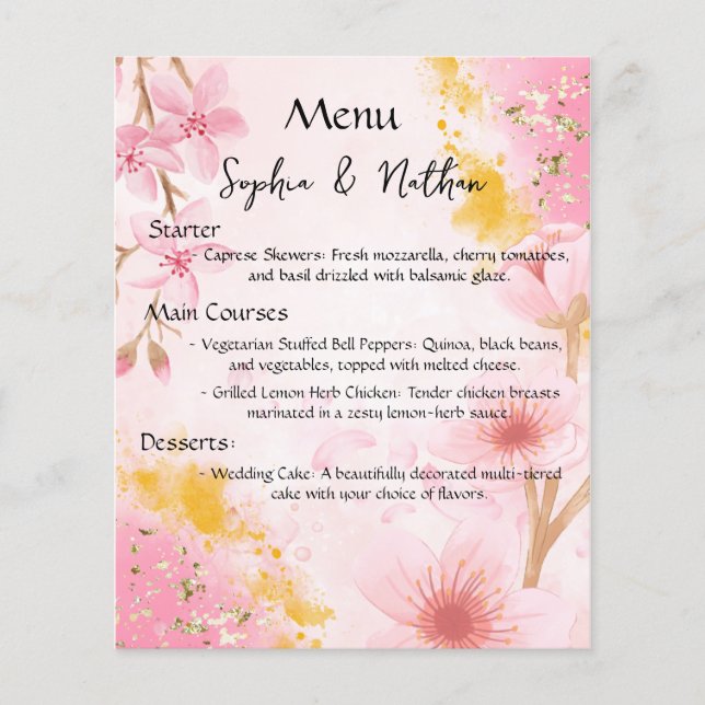 Elegance in Harmony: Pink and Gold Wedding Menu (Front)
