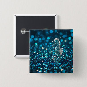 Elegance in Motion: Aqua Seahorse On Aqua Bokeh 15 Cm Square Badge