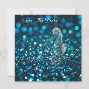 Elegance in Motion: Aqua Seahorse On Aqua Bokeh Save The Date