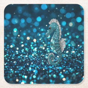 Elegance in Motion: Aqua Seahorse On Aqua Bokeh Square Paper Coaster