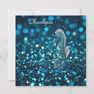 Elegance in Motion: Aqua Seahorse On Aqua Bokeh Thank You Card