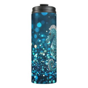 Elegance in Motion: Aqua Seahorse On Aqua Bokeh Thermal Tumbler