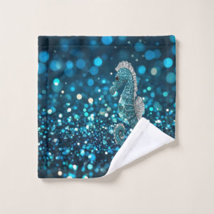 Elegance in Motion: Aqua Seahorse On Aqua Bokeh Wash Cloth