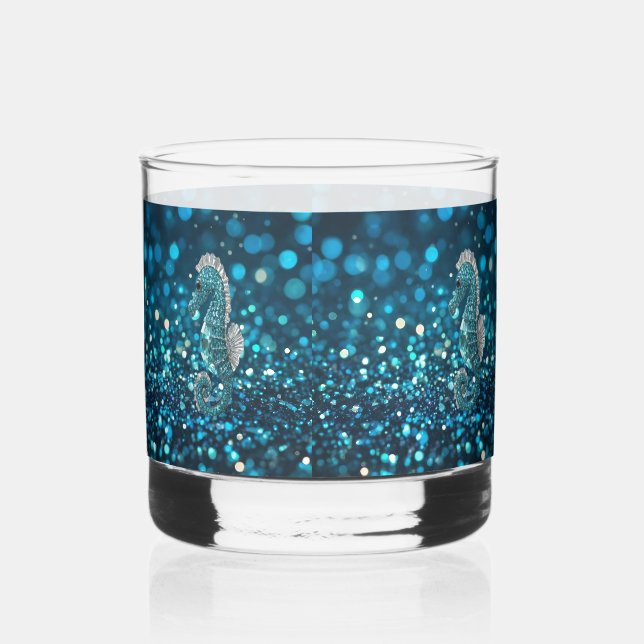 Elegance in Motion: Aqua Seahorse On Aqua Bokeh Whiskey Glass (Front)