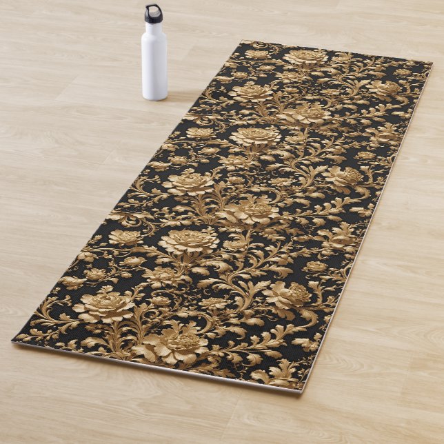 Elegance in Motion: Black & Gold Baroque Floral Yoga Mat (In Situ)